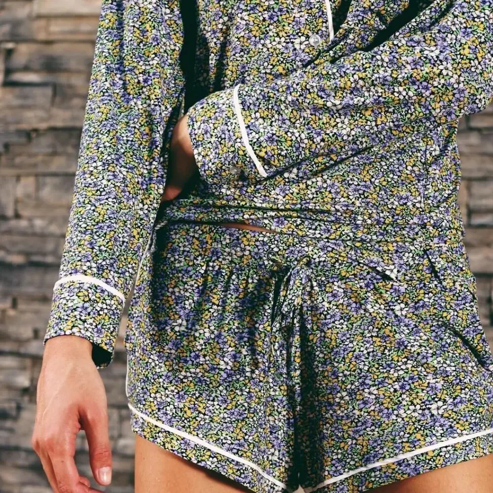 Plush Apparel Floral Jersey Pajama Set NWT Black Purple 3pc Top Shorts Mask XS
